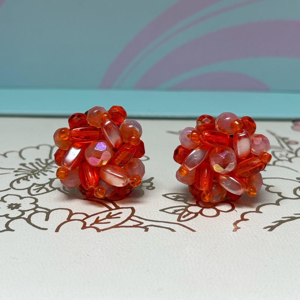 Vintage Orange Beaded Clip-On Earrings